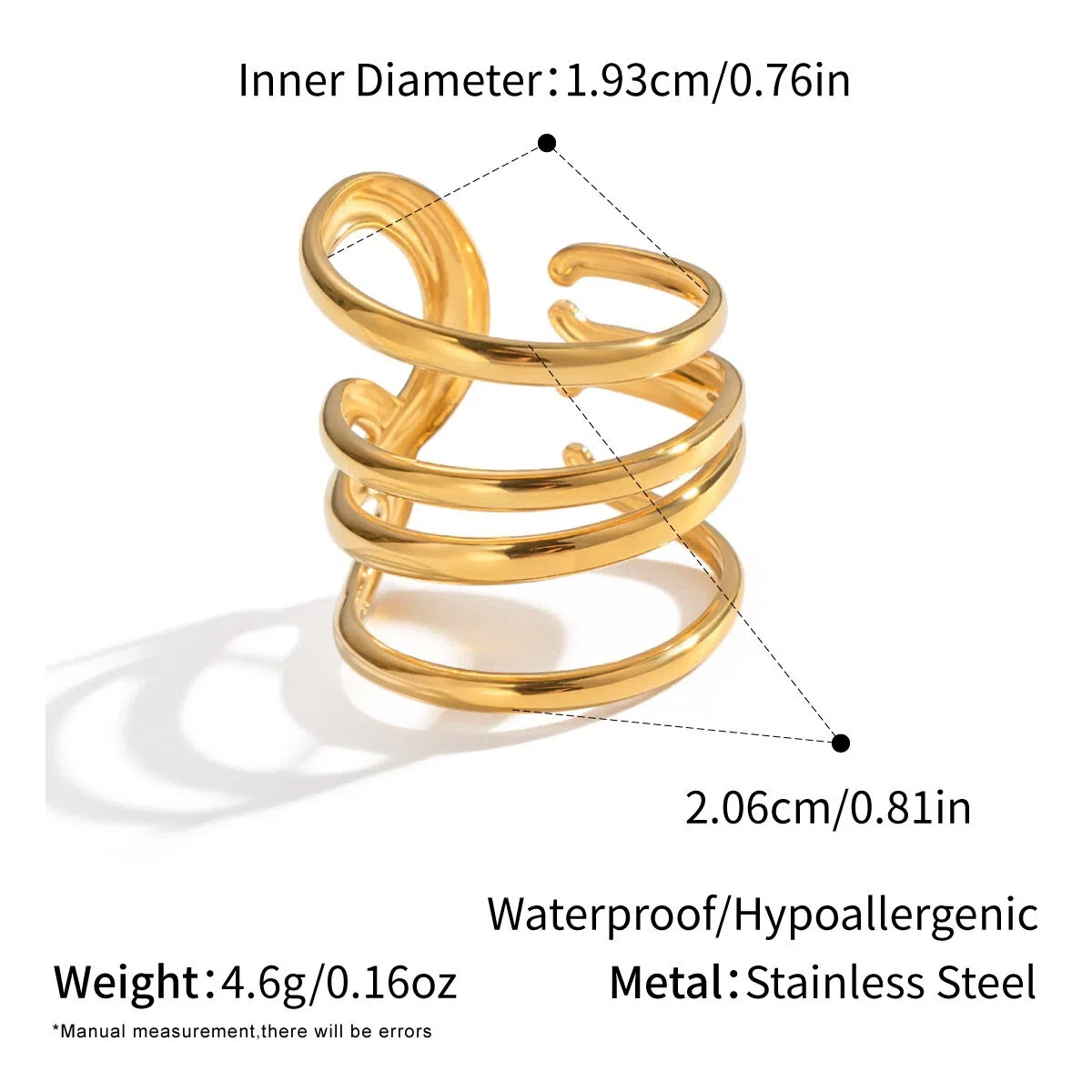 Women's Fashionable Trendy Stainless Steel Jewelry - Gold Geometric Open Ring Accessory