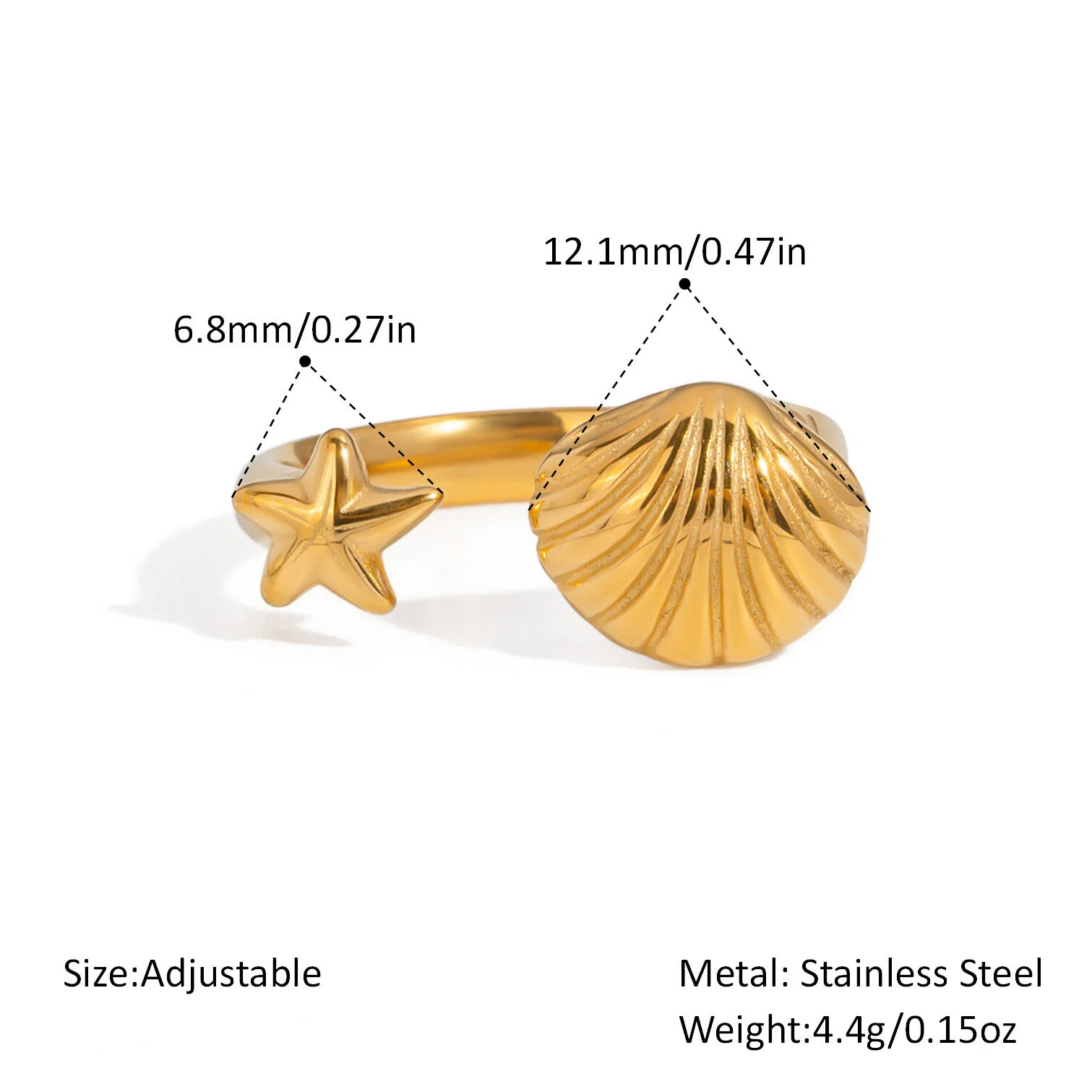 Women's Open Ring - Stainless Steel with Real Gold Plating, Ocean-Inspired, Waterproof & Fade-Resistant