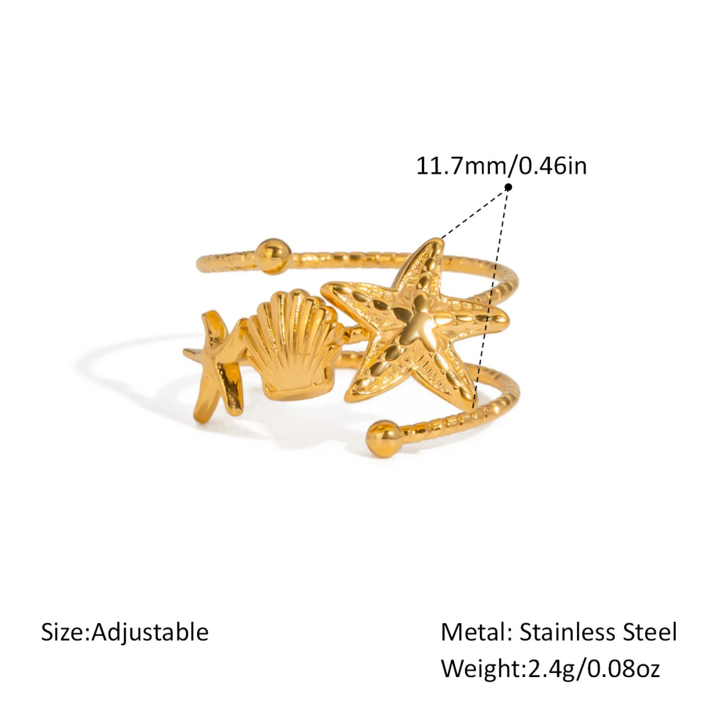 Women's Open Ring - Stainless Steel with Real Gold Plating, Ocean-Inspired, Waterproof & Fade-Resistant