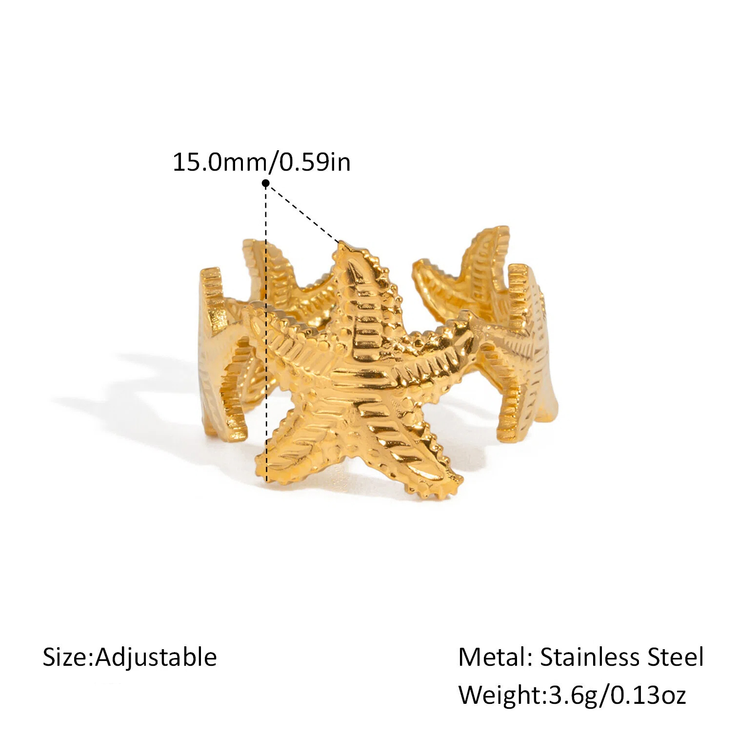 Women's Open Ring - Stainless Steel with Real Gold Plating, Ocean-Inspired, Waterproof & Fade-Resistant