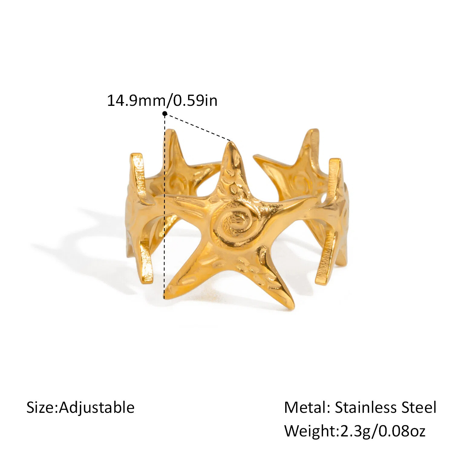 Women's Open Ring - Stainless Steel with Real Gold Plating, Ocean-Inspired, Waterproof & Fade-Resistant