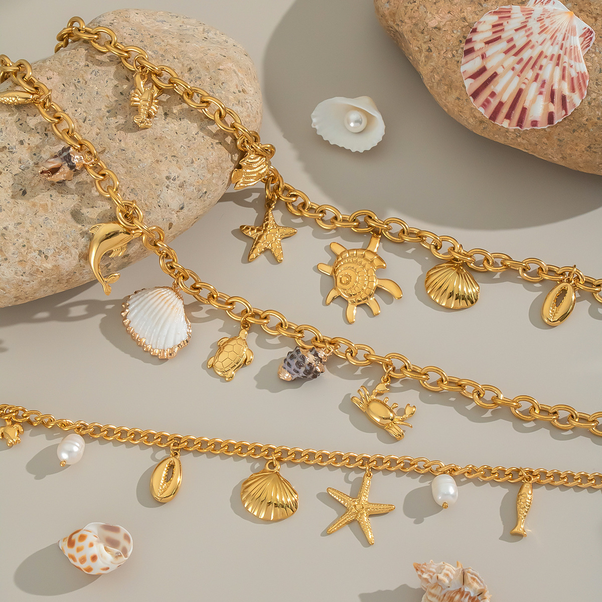 Stainless Steel Necklace Accessories - 18K Gold-Plated DIY Dolphin Jewelry with Natural Freshwater Pearls for Women