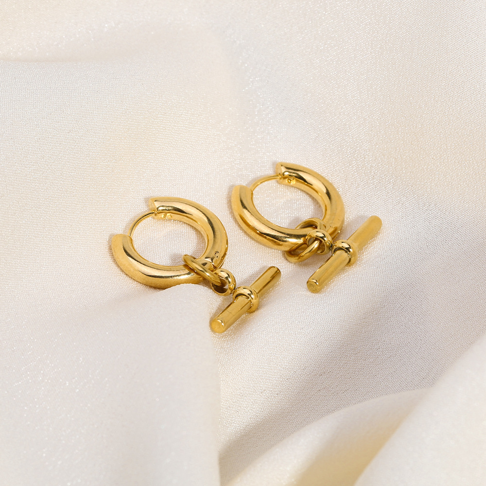 Women's T-Shaped Stainless Steel Earrings - Fade-Resistant OT Clasp Pendant Hoop Earrings, Stylish 18K-Plated Jewelry