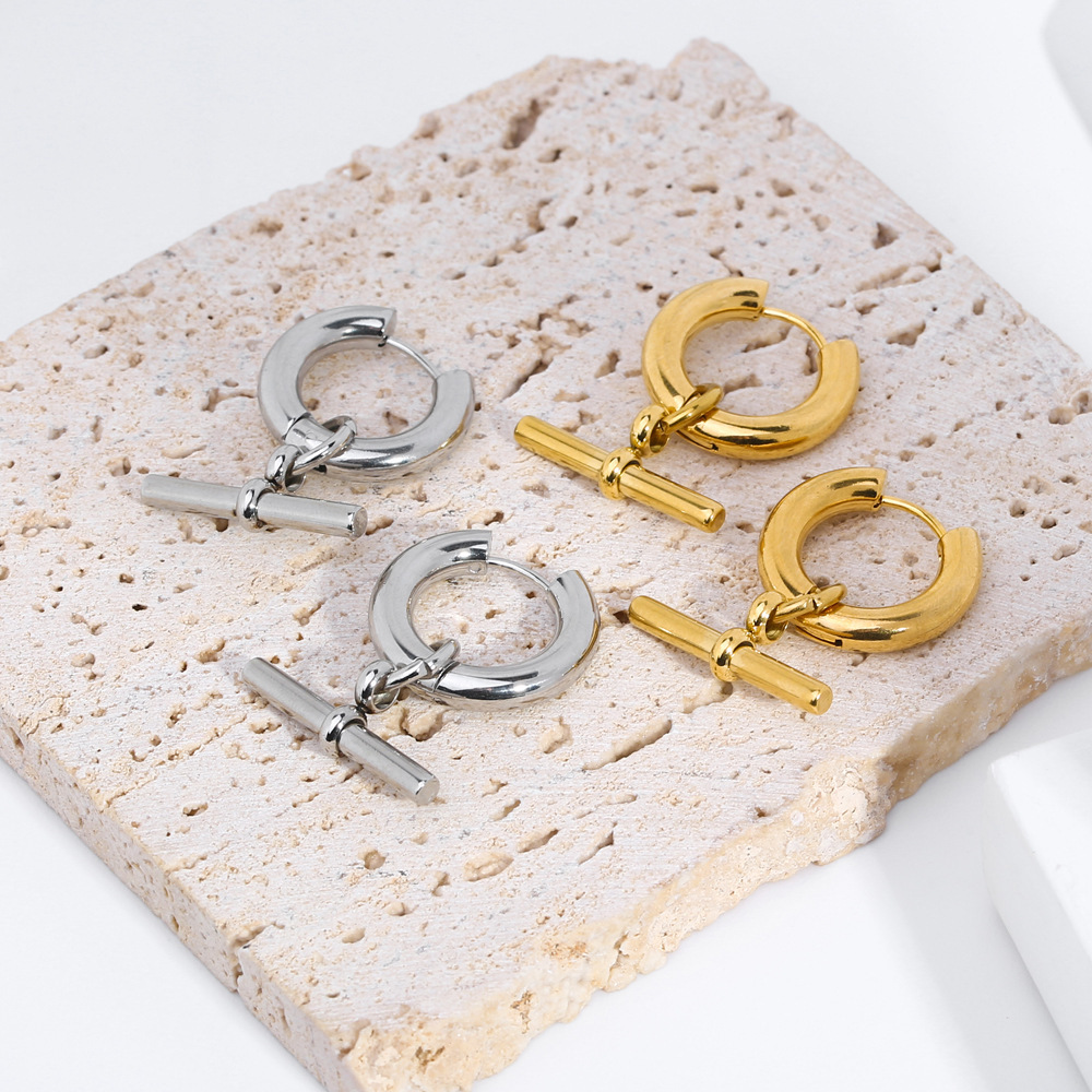Women's T-Shaped Stainless Steel Earrings - Fade-Resistant OT Clasp Pendant Hoop Earrings, Stylish 18K-Plated Jewelry