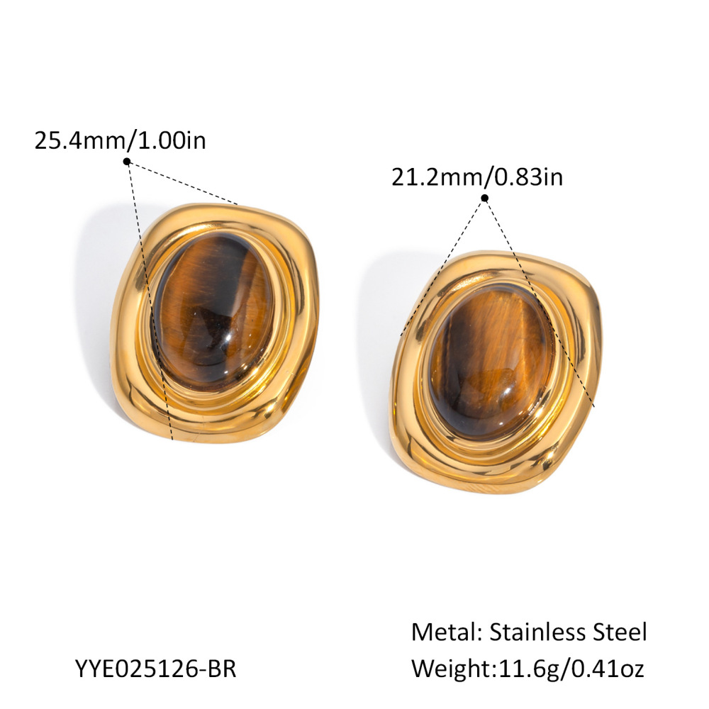 Vintage Natural Stone Inlaid Stainless Steel Stud Earrings, Fade-Resistant & Hypoallergenic for Women Daily Wear