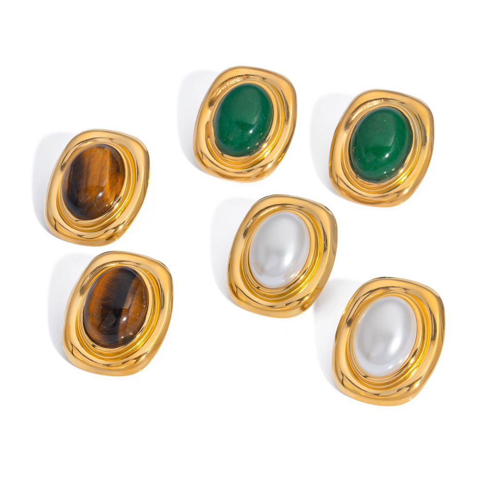 Vintage Natural Stone Inlaid Stainless Steel Stud Earrings, Fade-Resistant & Hypoallergenic for Women Daily Wear