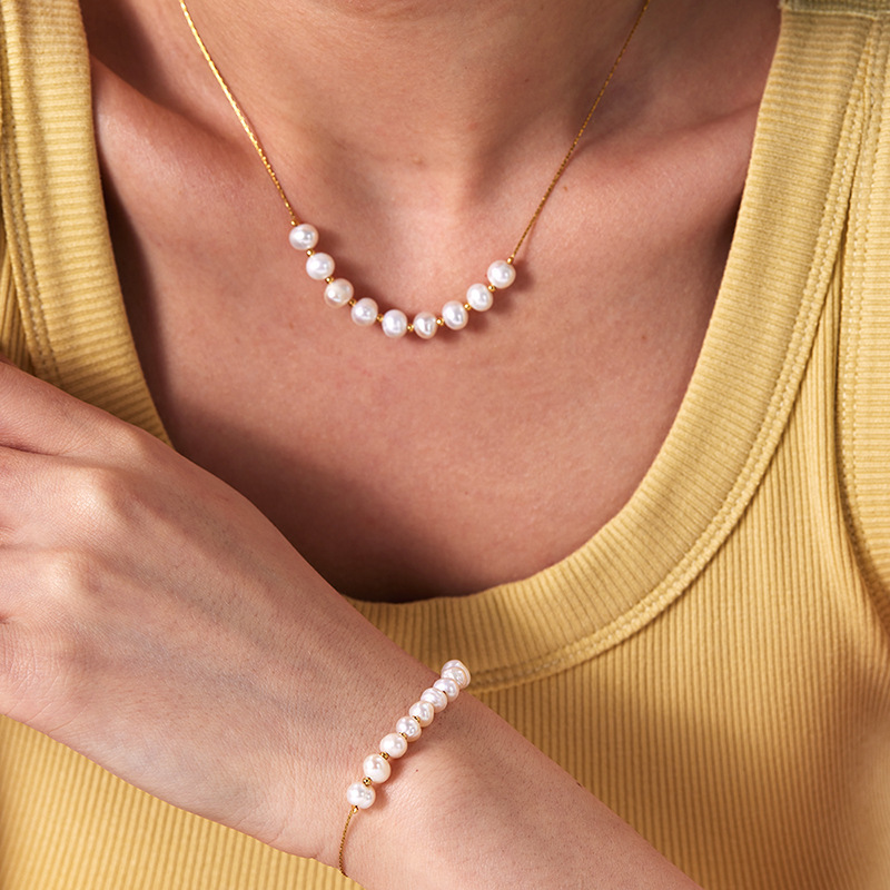 Women's Natural Freshwater Pearl Necklace 18K Gold-Plated Stainless Steel Fade-Proof Versatile Necklace/Bracelet