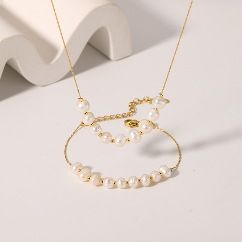 Women's Natural Freshwater Pearl Necklace 18K Gold-Plated Stainless Steel Fade-Proof Versatile Necklace/Bracelet