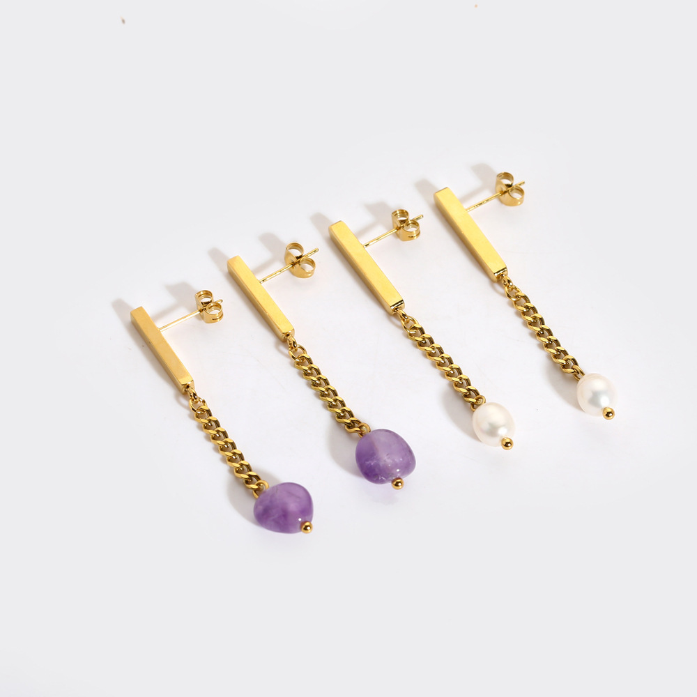 Fashionable Freshwater Pearl & Natural Stone Earrings Stainless Steel Chain for Women