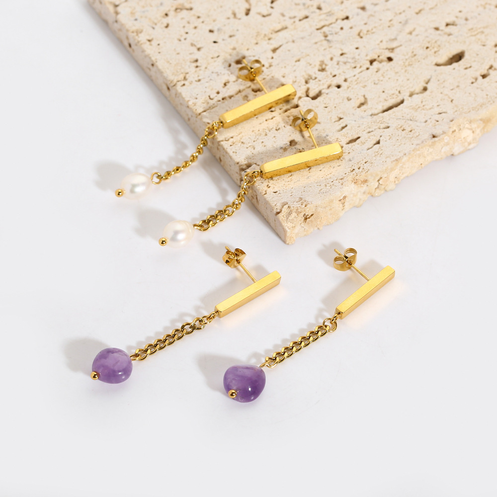 Fashionable Freshwater Pearl & Natural Stone Earrings Stainless Steel Chain for Women