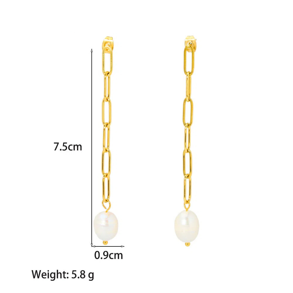 Cuban Link Chain Earrings,  Stainless Steel High-end Natural Freshwater Pearl Dangles 18K Gold-plated Jewelry