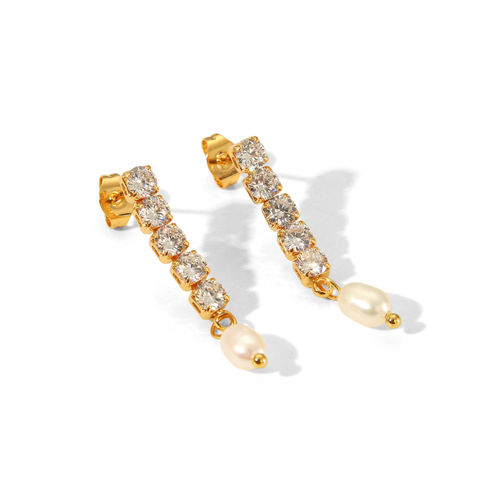 Stylish Freshwater Pearl Earrings - Stainless Steel 18K Gold Zircon Chain Dangles Jewelry for Wholesale