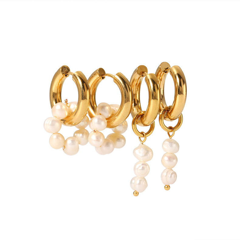 Freshwater Pearl Hoops Stainless Steel Earrings 18K Gold-plated Non-fading Jewelry for Wholesale