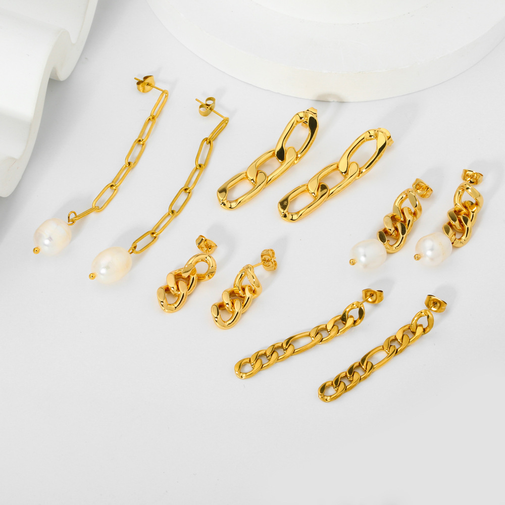 Cuban Link Chain Earrings,  Stainless Steel High-end Natural Freshwater Pearl Dangles 18K Gold-plated Jewelry