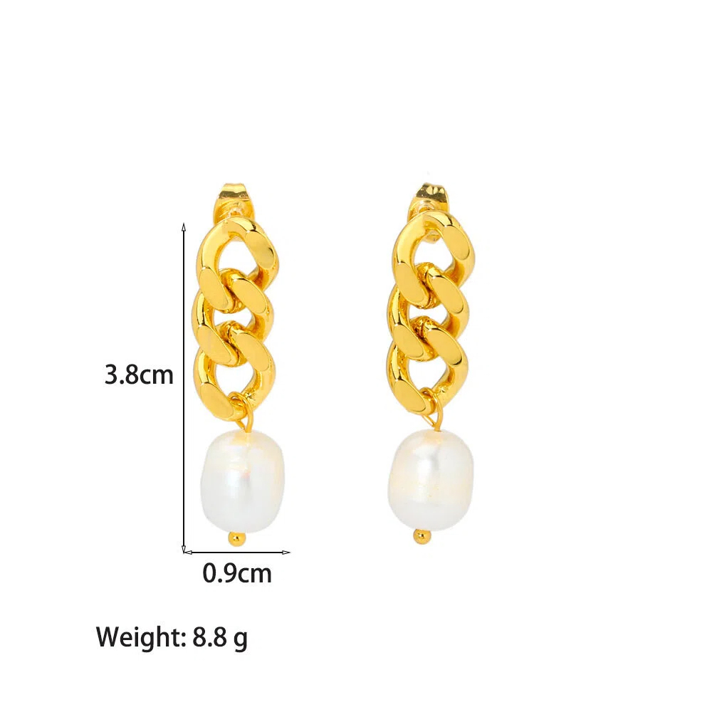 Cuban Link Chain Earrings,  Stainless Steel High-end Natural Freshwater Pearl Dangles 18K Gold-plated Jewelry