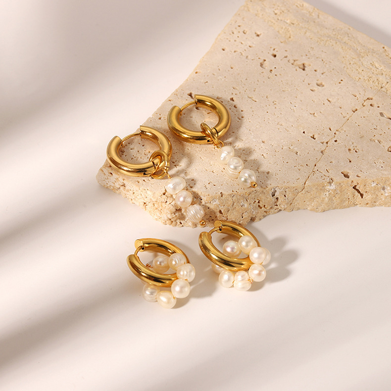 Freshwater Pearl Hoops Stainless Steel Earrings 18K Gold-plated Non-fading Jewelry for Wholesale