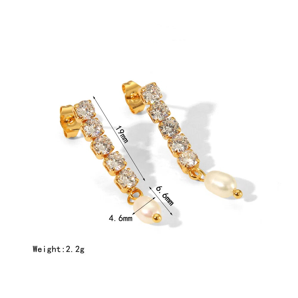 Stylish Freshwater Pearl Earrings - Stainless Steel 18K Gold Zircon Chain Dangles Jewelry for Wholesale