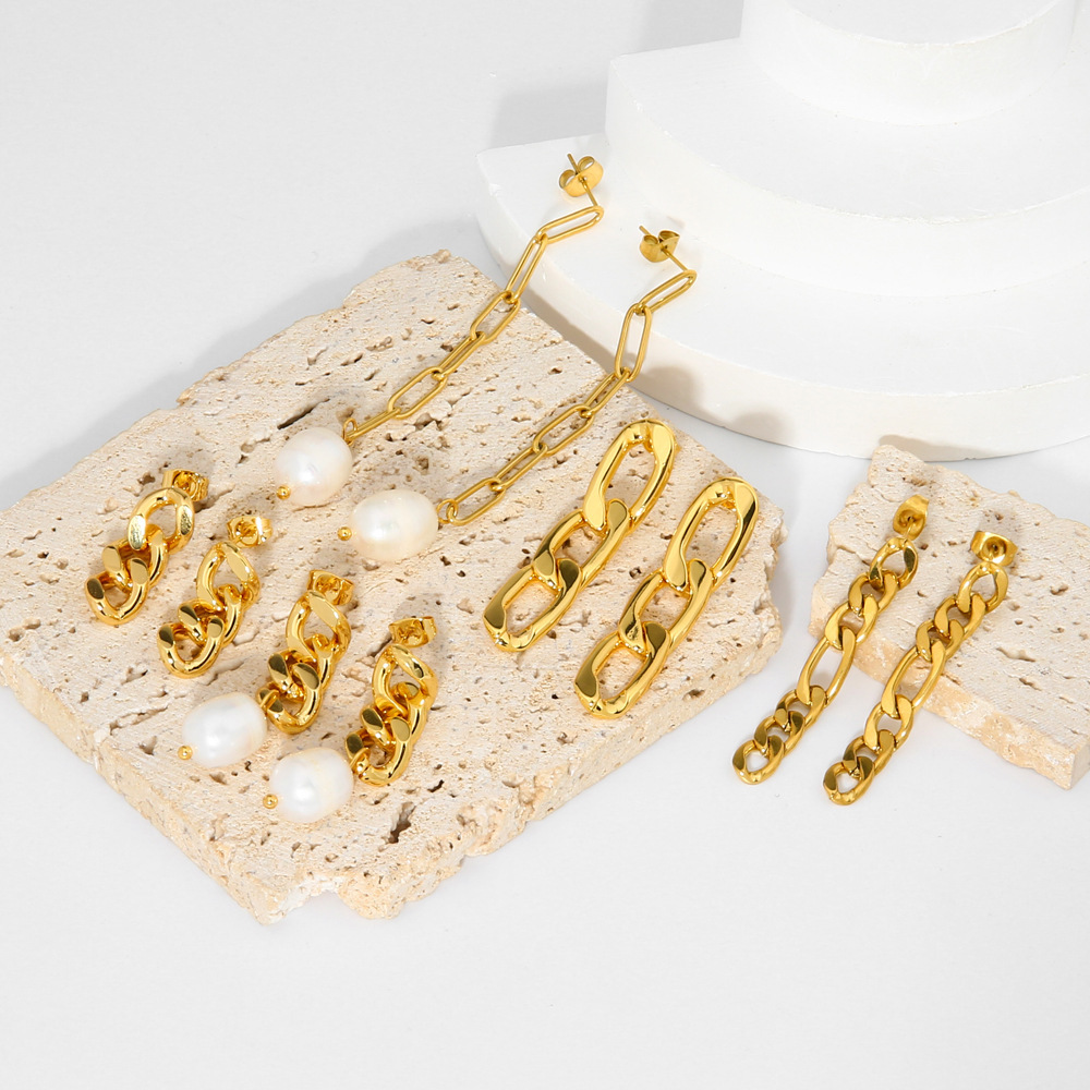Cuban Link Chain Earrings,  Stainless Steel High-end Natural Freshwater Pearl Dangles 18K Gold-plated Jewelry