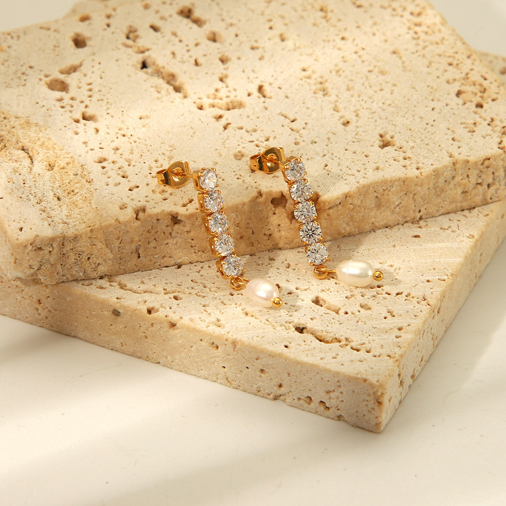 Stylish Freshwater Pearl Earrings - Stainless Steel 18K Gold Zircon Chain Dangles Jewelry for Wholesale