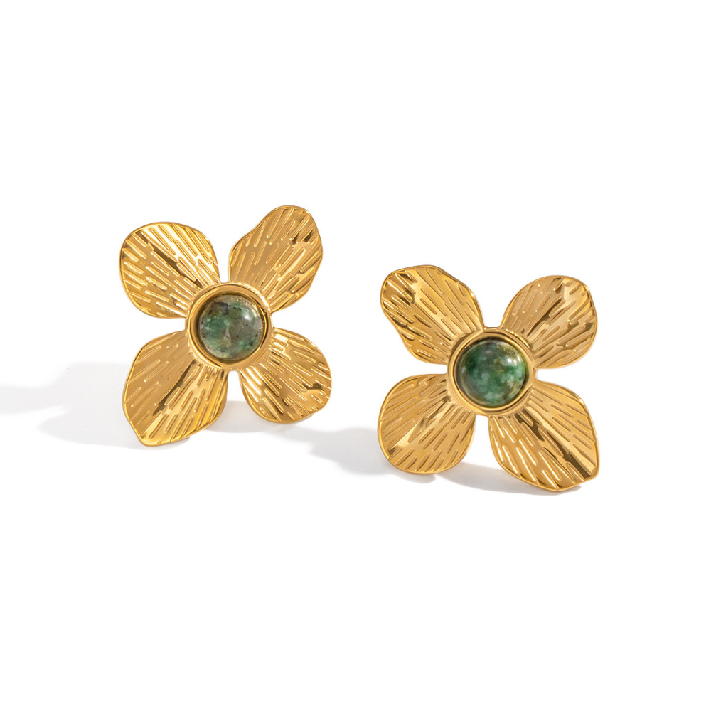 Women's Flower African Turquoise Stud Earrings Stainless Steel 18K Real Gold Plated Fade-Resistant Jewelry