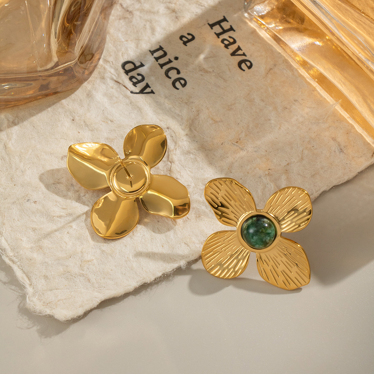 Women's Flower African Turquoise Stud Earrings Stainless Steel 18K Real Gold Plated Fade-Resistant Jewelry