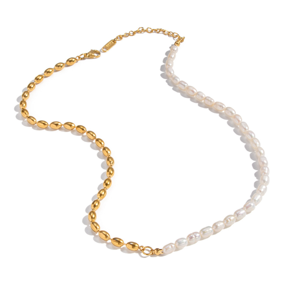 Natural Freshwater Pearl Necklace - Stainless Steel Oval Bead Design Jewelry