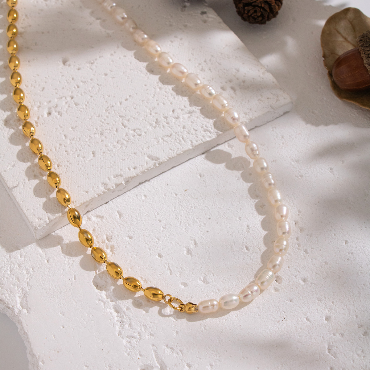 Natural Freshwater Pearl Necklace - Stainless Steel Oval Bead Design Jewelry