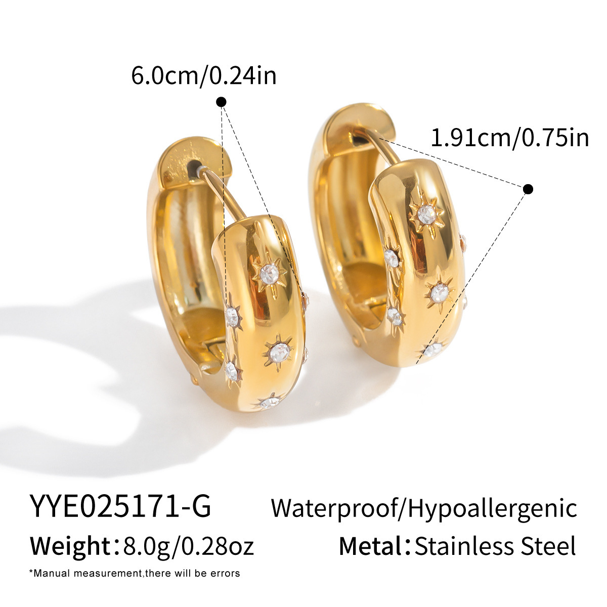 Stainless Steel C Shape Earrings With Stone PVD 18K Gold