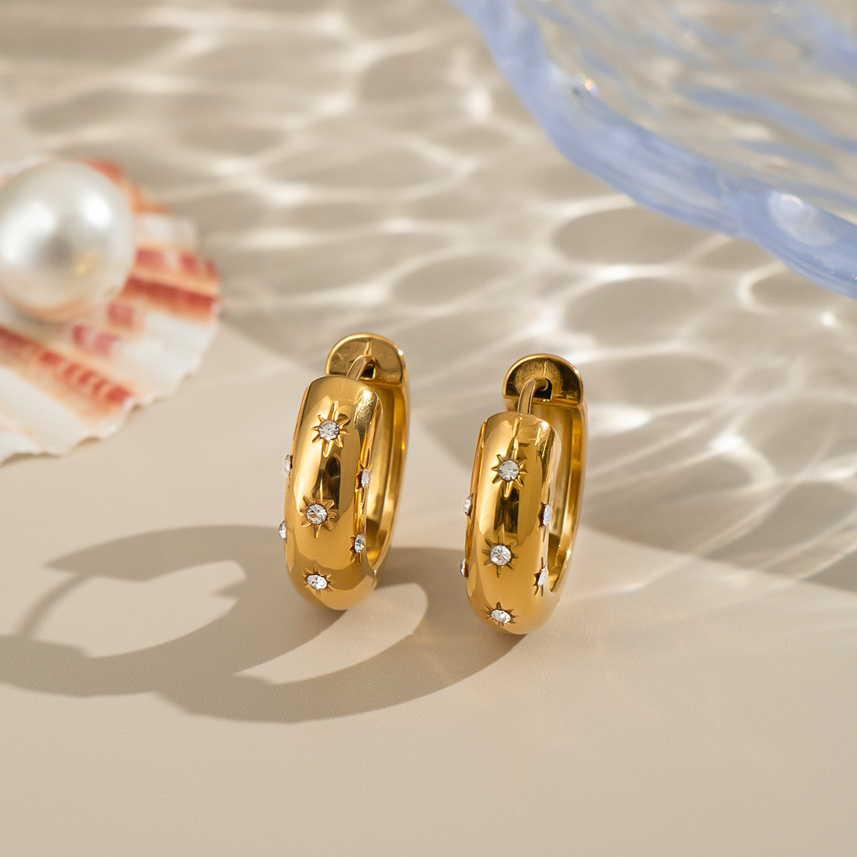 Stainless Steel C Shape Earrings With Stone PVD 18K Gold