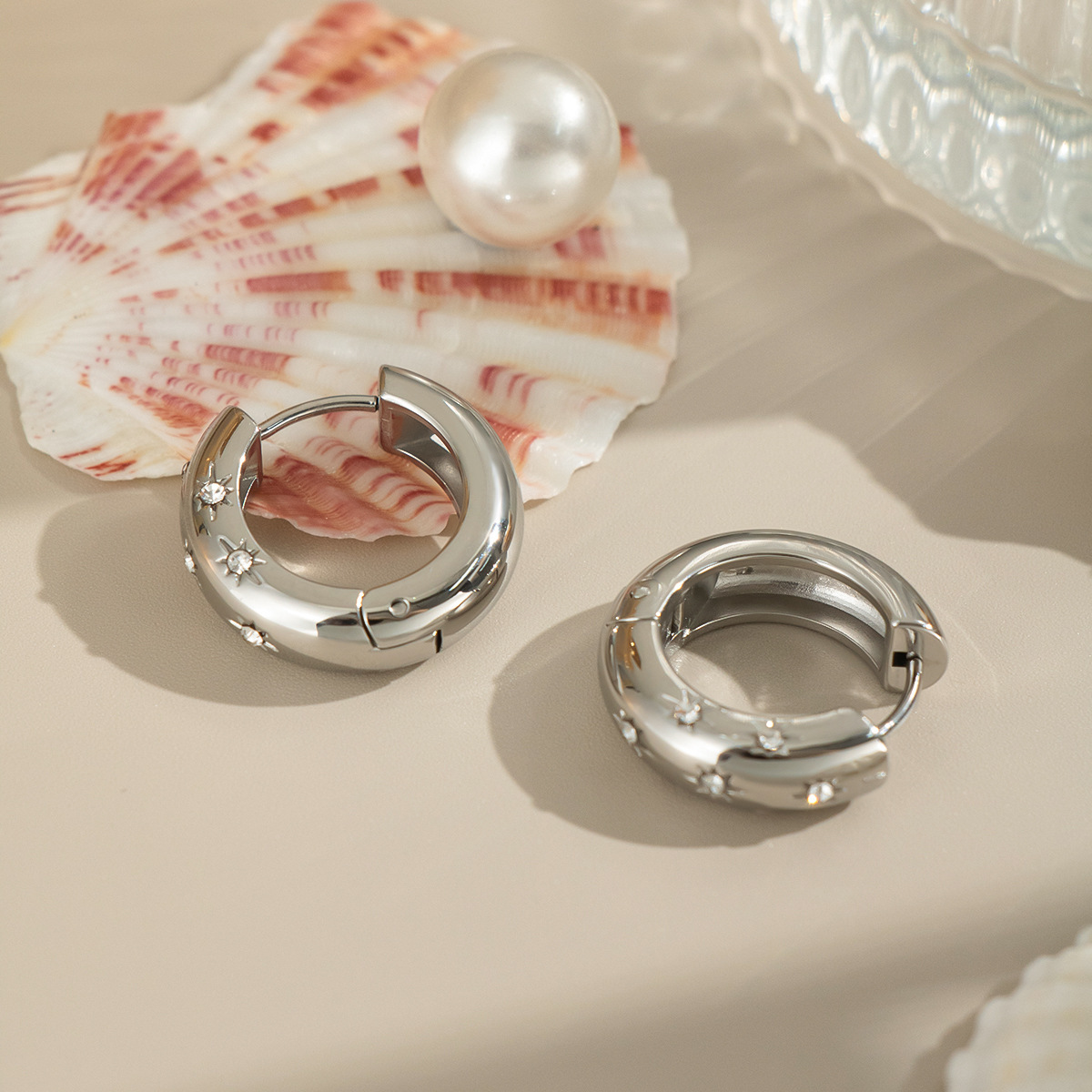 Stainless Steel C Shape Earrings With Stone PVD 18K Gold