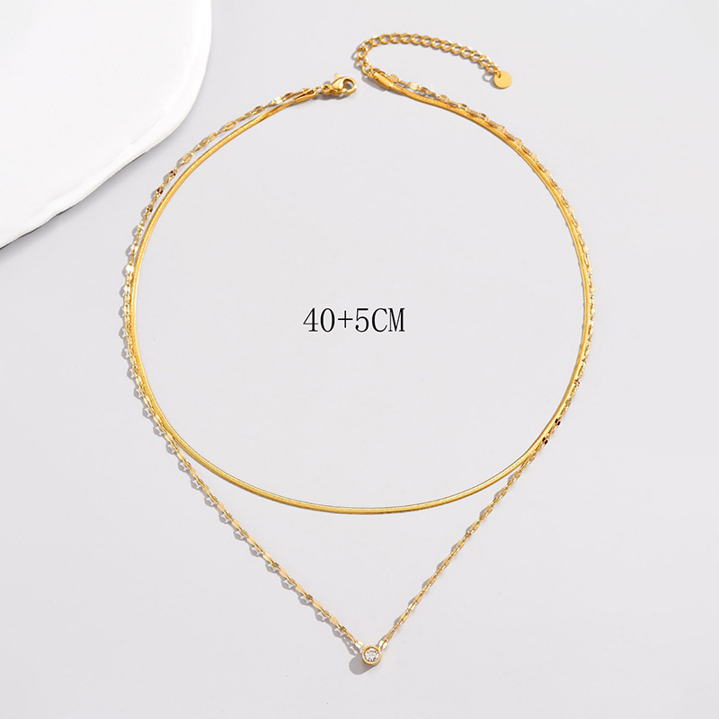 Double Layer Snake Bone Lip Chain Stainless Steel Necklace, Fashion Niche Design Zircon Inlaid Clavicle Chain