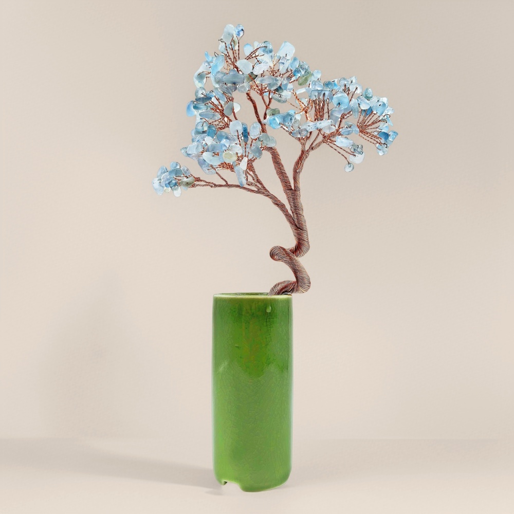 Natural Aquamarine Crystal Tree with Green Ceramic Base