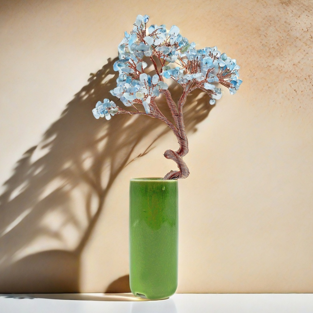 Natural Aquamarine Crystal Tree with Green Ceramic Base