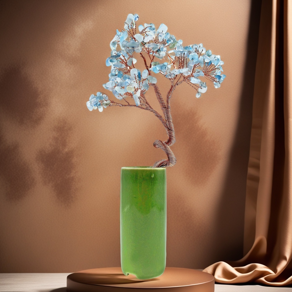 Natural Aquamarine Crystal Tree with Green Ceramic Base