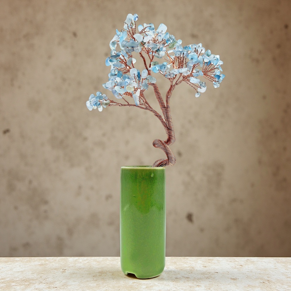 Natural Aquamarine Crystal Tree with Green Ceramic Base