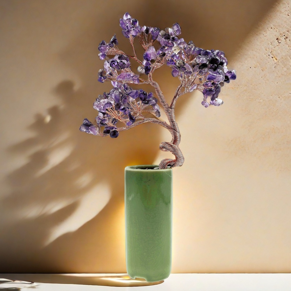 Natural Amethyst Crystal Tree with Green Ceramic Base