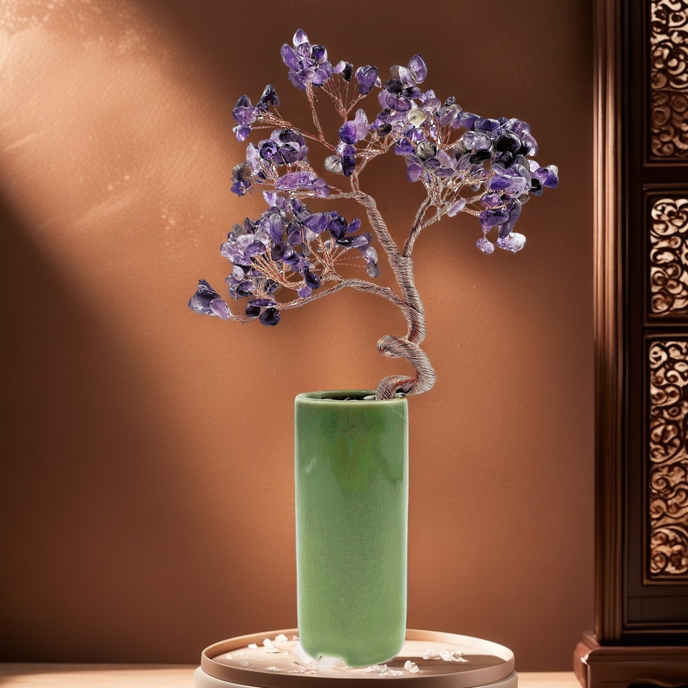 Natural Amethyst Crystal Tree with Green Ceramic Base