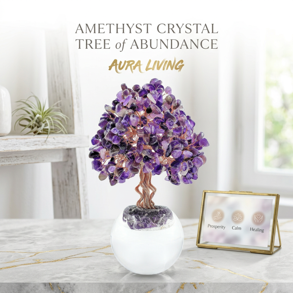Natural Amethyst Crystal Tree with Frosted Glass Sphere Base