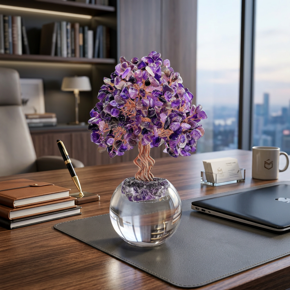 Natural Amethyst Crystal Tree with Frosted Glass Sphere Base