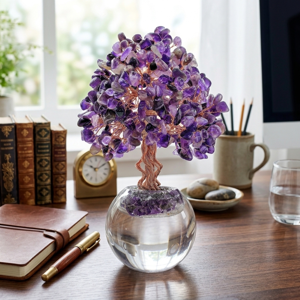 Natural Amethyst Crystal Tree with Frosted Glass Sphere Base