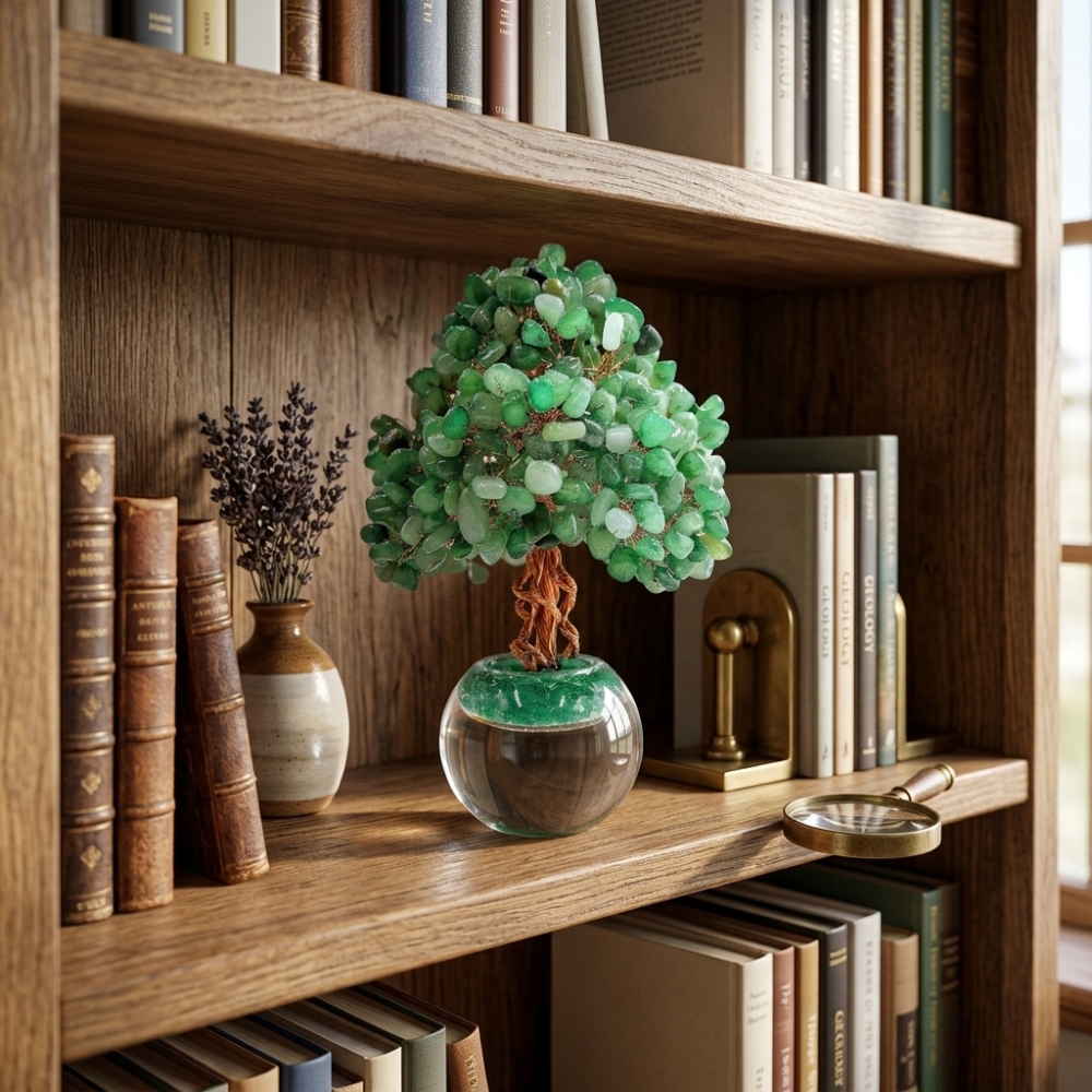 Natural Green Aventurine Crystal Tree with Frosted Glass Sphere Base
