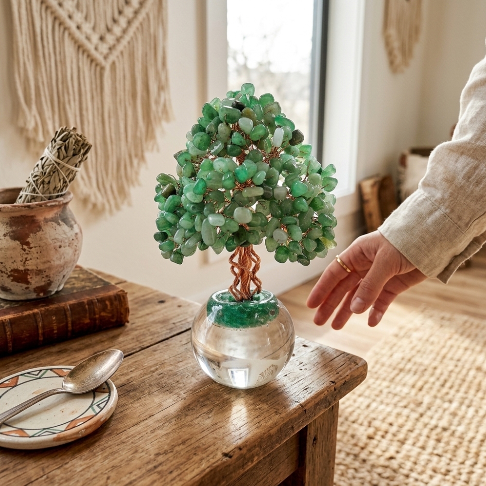 Natural Green Aventurine Crystal Tree with Frosted Glass Sphere Base