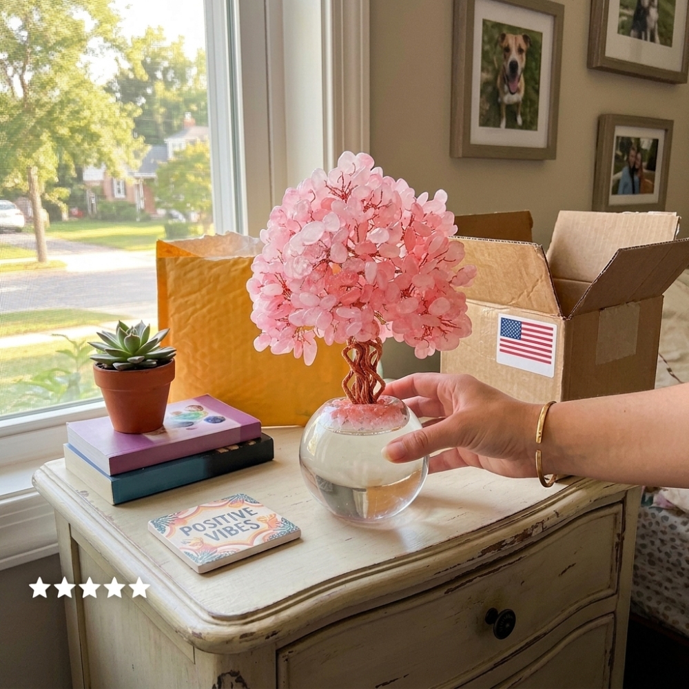Natural Rose Quartz Crystal Tree with Frosted Glass Sphere Base