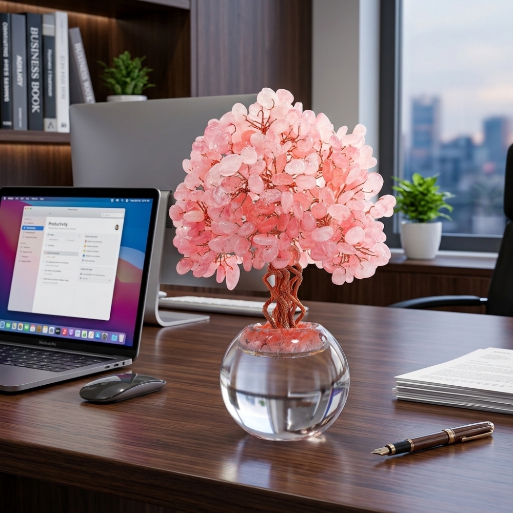 Natural Rose Quartz Crystal Tree with Frosted Glass Sphere Base