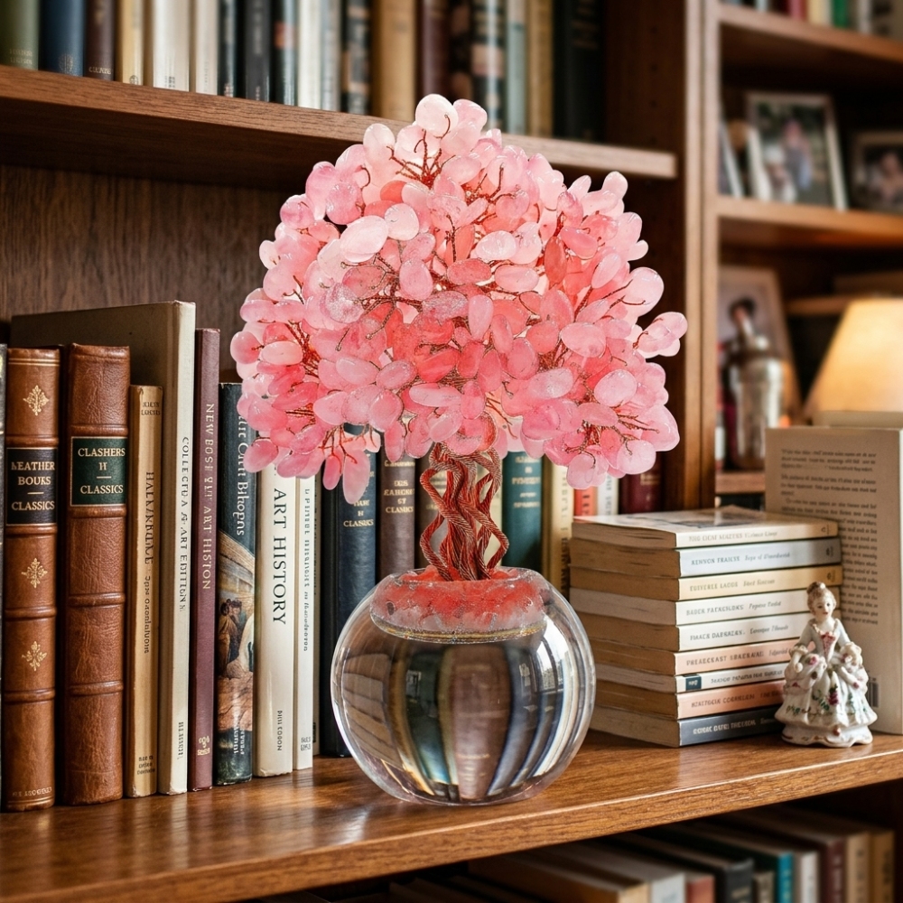 Natural Rose Quartz Crystal Tree with Frosted Glass Sphere Base