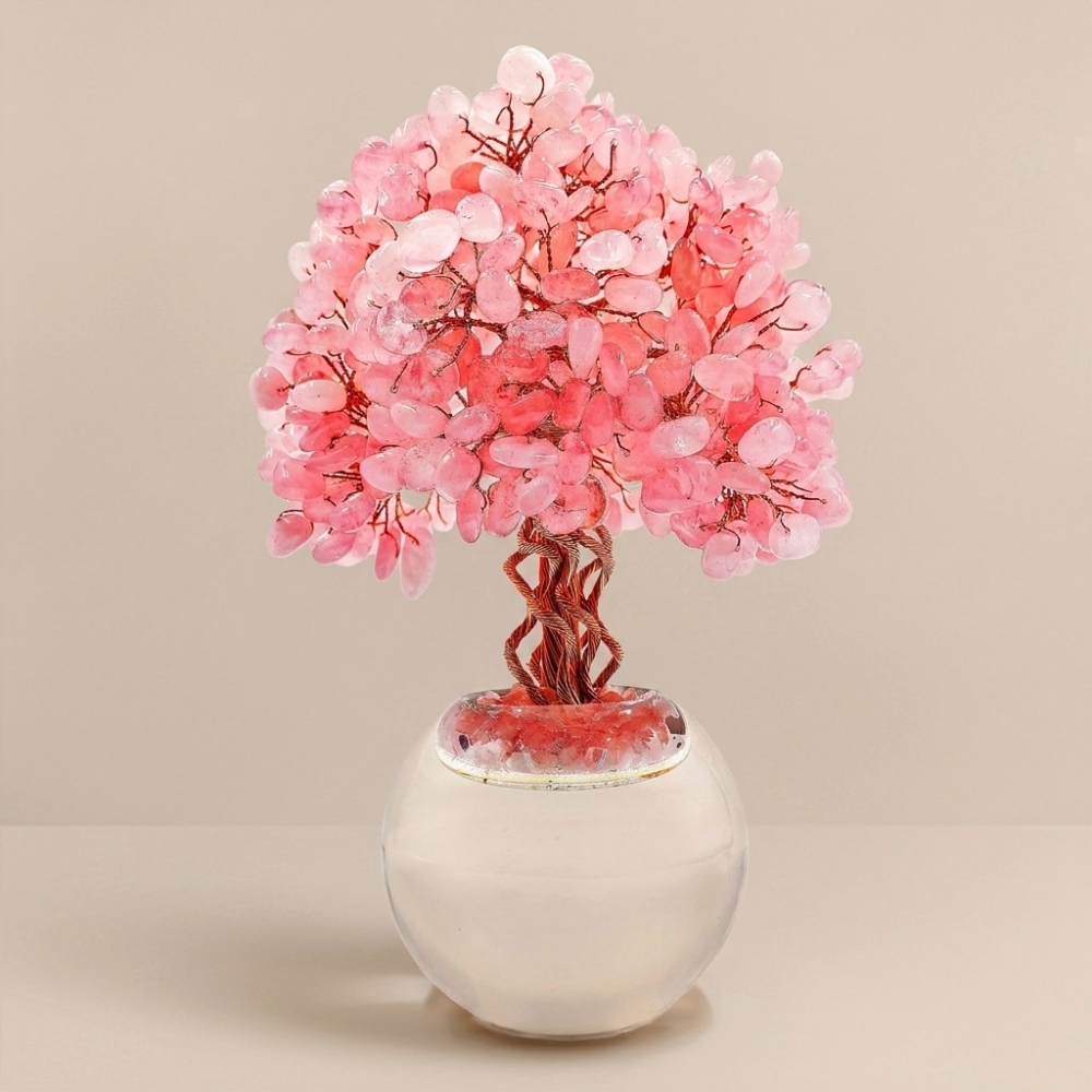 Natural Rose Quartz Crystal Tree with Frosted Glass Sphere Base