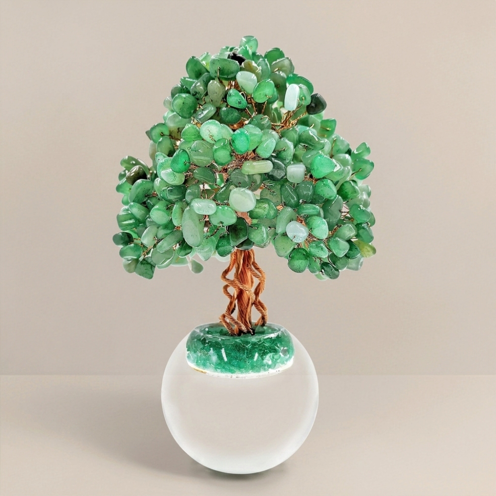 Natural Green Aventurine Crystal Tree with Frosted Glass Sphere Base