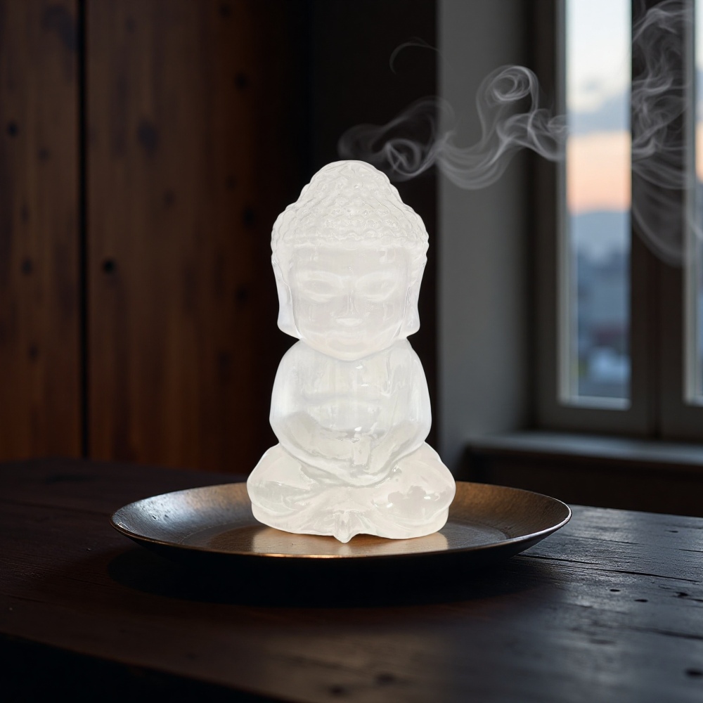 Natural Selenite Buddha Statue, Crystal Healing Decor