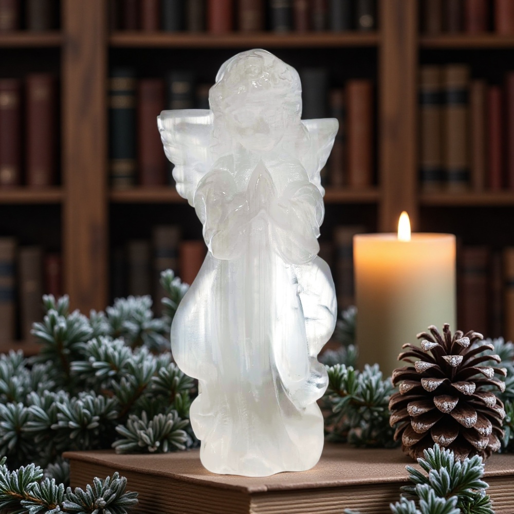 Hand-Carved Selenite Angel Figurine, Spiritual Home Decor