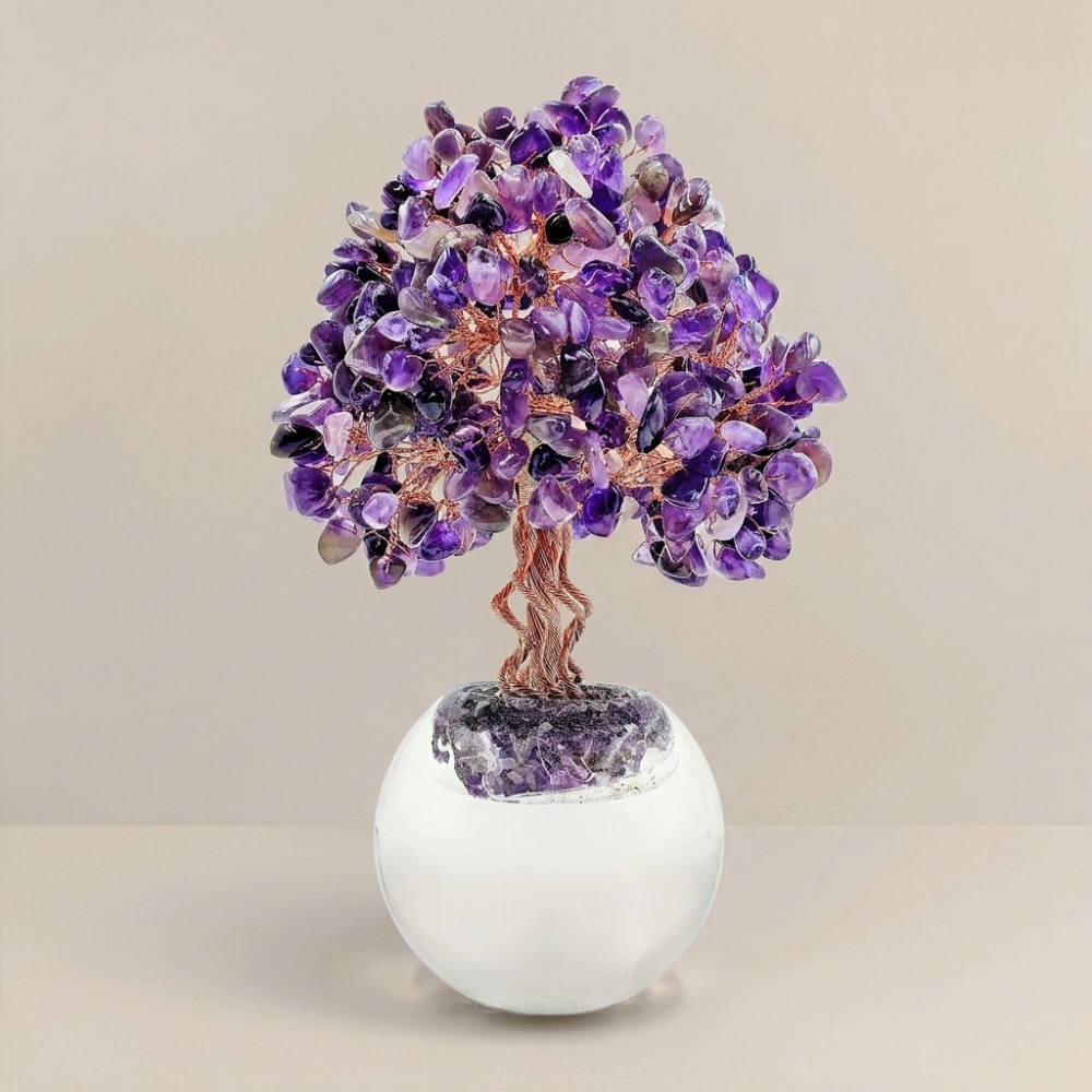 Natural Amethyst Crystal Tree with Frosted Glass Sphere Base